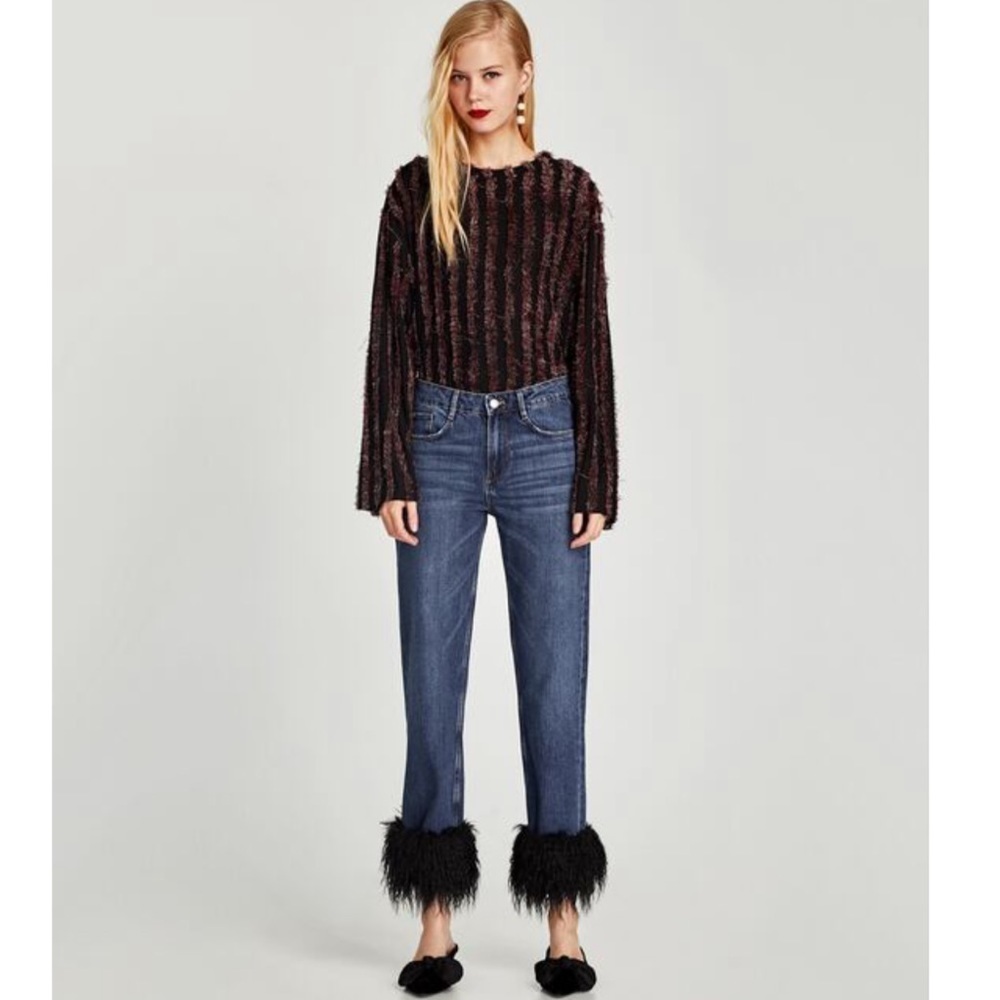 NWT! Zara eyelash fringe wine striped black long sleeve tee. Size S